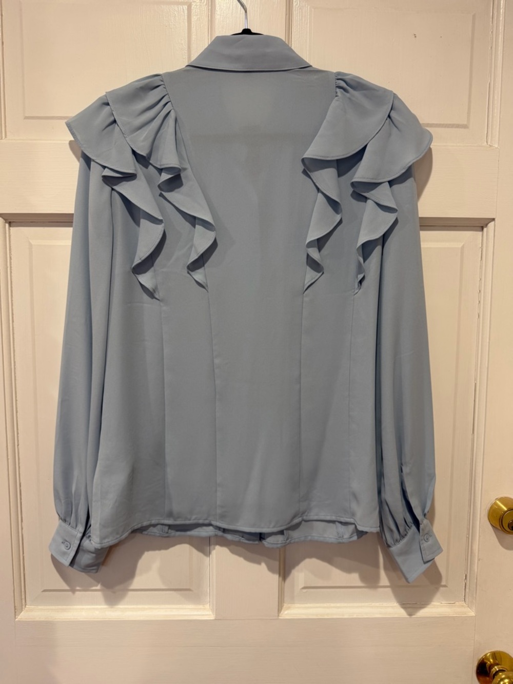 Express Light Blue Ruffle Button-Down Blouse - Picture 2 of 5